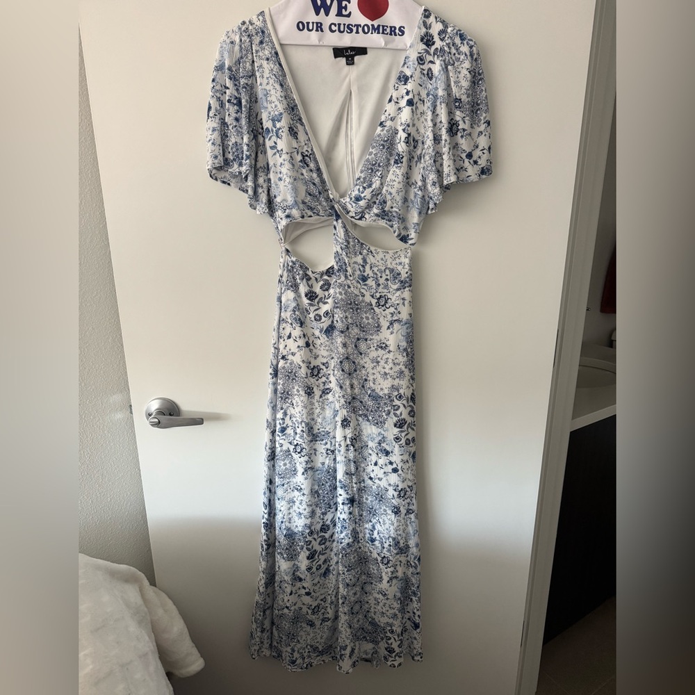 Lulu's Blue and White Cut Out Maxi Dress